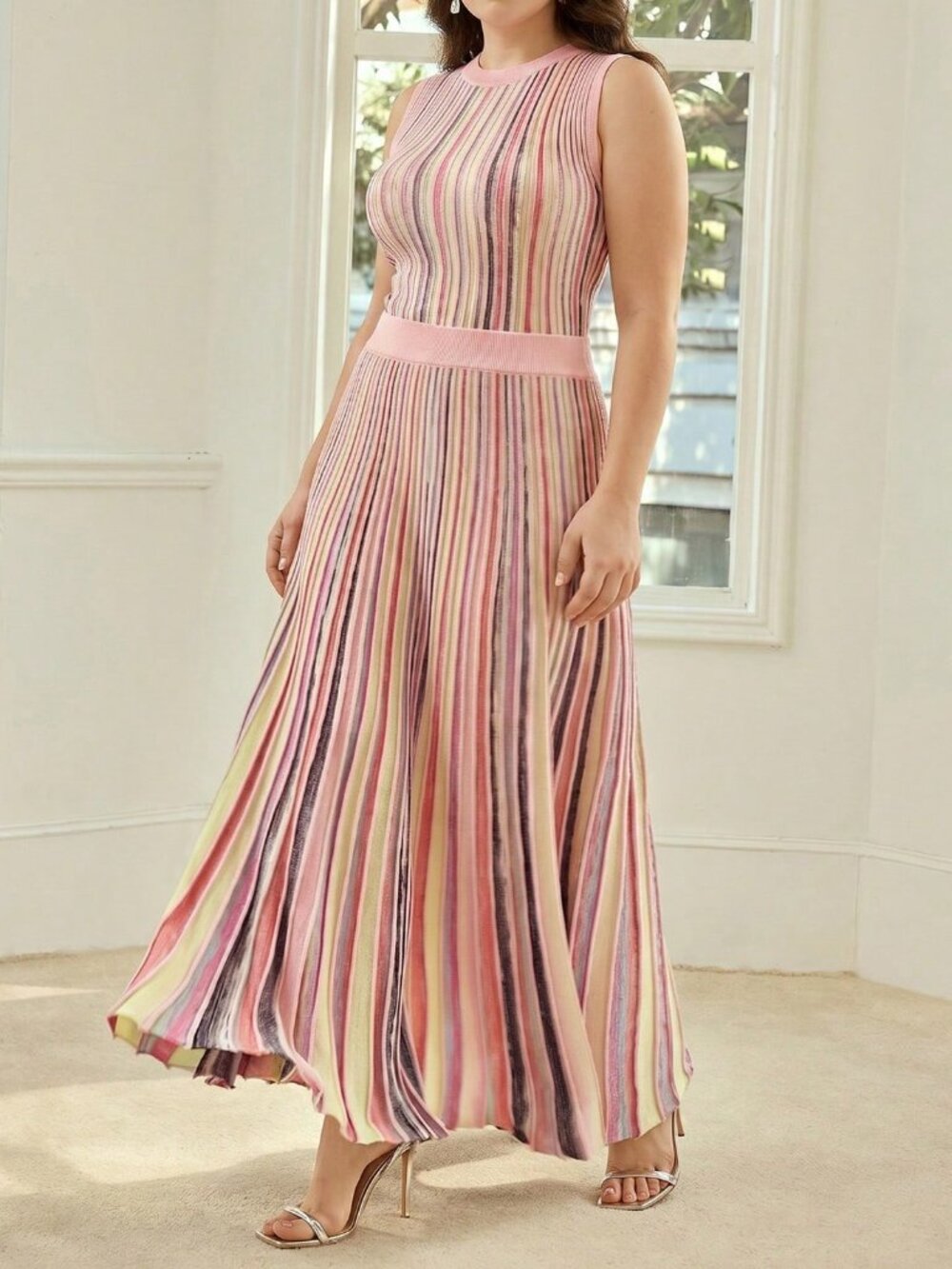 Pink Casual Women's Plus Size Contrast Striped Sweater Vest